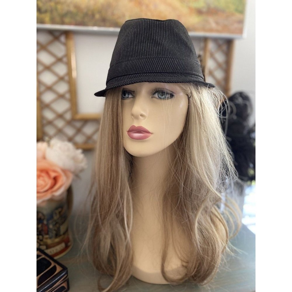 Vintage Macys American Rag Black Shadow Pin Stripe Fedora Hat With‎ Black Strap